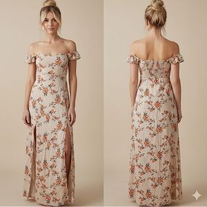 Floral Off The Shoulder Butterfly Sleeve Maxi Dress with Slits- New